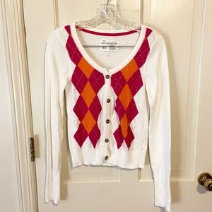 NWOT Y2K Aeropostale rhinestone white & pink argyle cardigan women’s size medium
